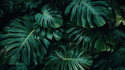 Fototapeta na wymiar Lush green monstera leaves create vibrant, tropical backdrop, showcasing their unique shapes and textures. Perfect for nature lovers and interior design enthusiasts