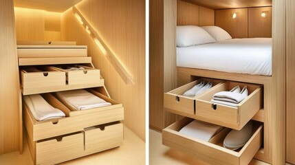 A small, compact apartment with minimalist furniture and organized storage solutions.