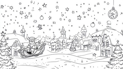 Obraz premium Santa Claus in his sleigh flying over a snowy village with christmas ornaments and stars in the sky