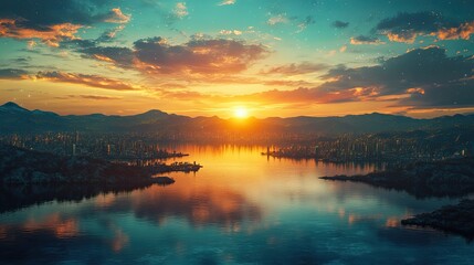 A futuristic city skyline rises against a vibrant sky filled with colorful clouds, reflecting hues of pink,