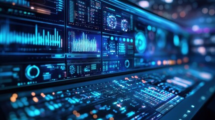 Obraz premium A futuristic AI control room with screens projecting visual data analysis, audio waveforms, and artistic generative graphics. 