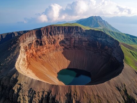 Breathtaking aerial view of a massive volcanic caldera with a crater lake and surrounding mountains