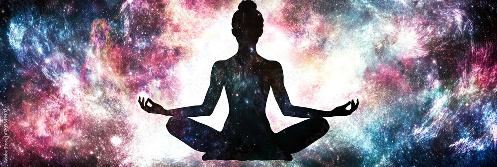Poster silhouette embodies tranquility in a cosmic realm of qi energy and meditation practices