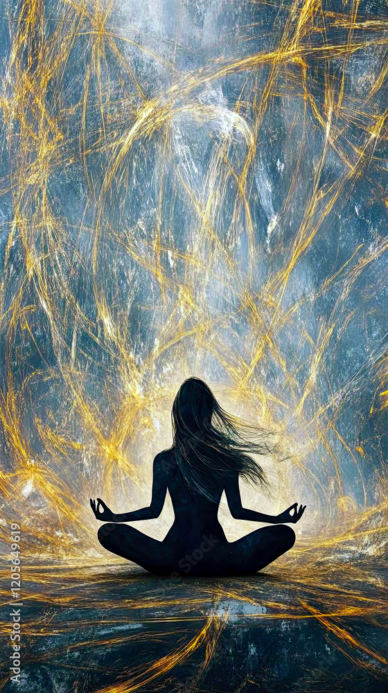 Poster silhouette in meditation pose surrounded by abstract qi energy in a tranquil environment