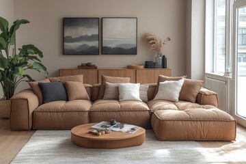 Modern Scandinavian living room interior with beige brown sofa, chaise lounge, coffee table, and sideboard in background. Cozy home decor design.