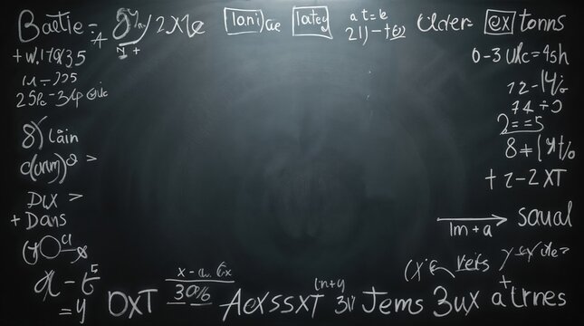 Chalkboard with various handwritten notes and equations