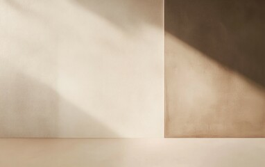 minimalist interior scene with wall in 2 colors and floor, smooth texture, beige and mocha mousse brown shades, sunlight casts soft shadows across walls, gradient effect, play of light and shadow.