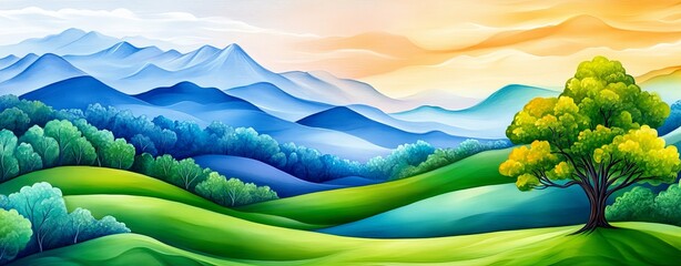 Obraz premium Peaceful Watercolor Mountain Landscape