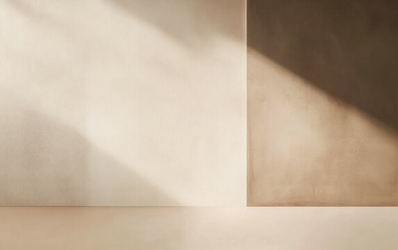 minimalist interior scene with wall in 2 colors and floor, smooth texture, beige and mocha mousse brown shades, sunlight casts soft shadows across walls, gradient effect, play of light and shadow. - Powered by Adobe