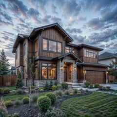 The image depicts a modern, two-story house with wooden exterior cladding, large windows, and a stone entrance. The house is surrounded by a well-maintained garden with bushes, plants, and a small tre