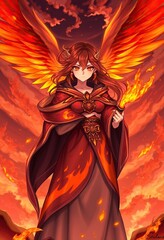 Fototapeta premium Fiery Winged Woman Holds Flaming Torch Against Sunset