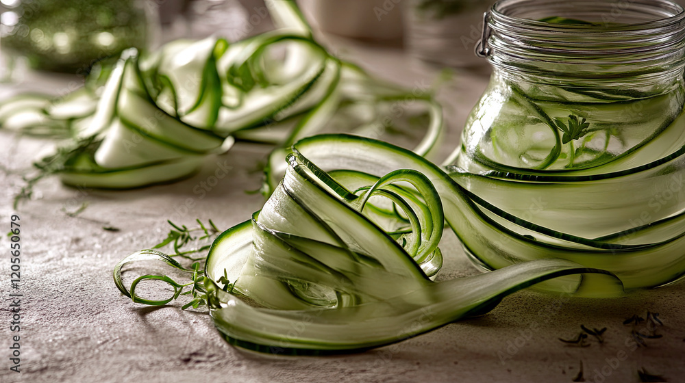 Poster delicate cucumber ribbons gracefully spiral around a container of fresh greens in a serene setting