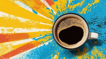 A vibrant image of a coffee cup against a colorful, splattered background, highlighting the rich dark beverage inside.
