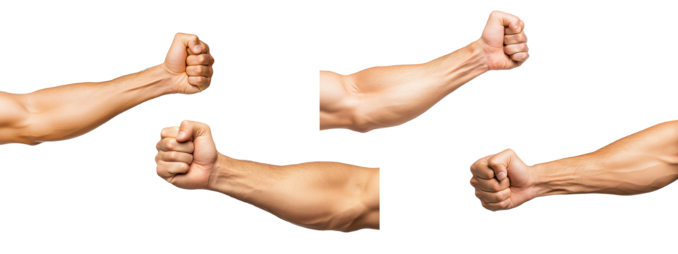 Set of muscular arms with clenched fists isolated on transparent background