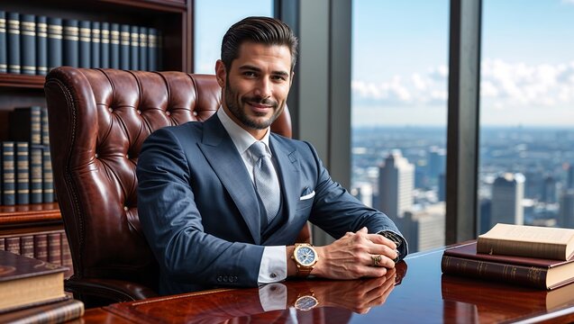 businessman in blue suit working at desk with big window and skyline - Powered by Adobe