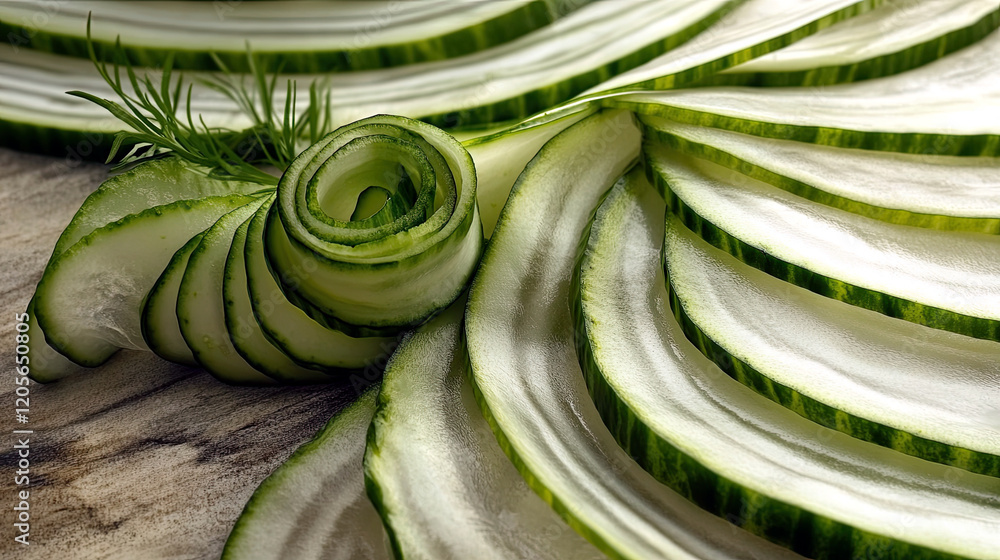 Poster delicate cucumber ribbons artfully spiraled create a stunning visual allure in the kitchen setting