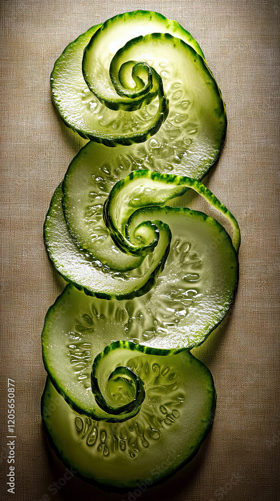 Poster cucumber ribbons artfully twisted into a spiral arrangement showcasing delicate translucent layers