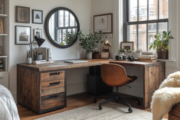 L-shaped oak wood desk with black metal legs, two drawers, Scandinavian-inspired decor, and natural light creating soft shadows in a modern office space.