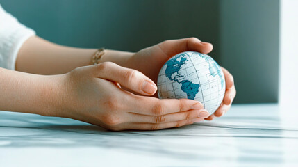 Gentle Hands Embrace a Small Globe Symbolizing Care for Our Planet and Its Diverse Continents