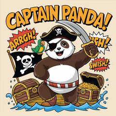 Cartoon Pirate Panda with Treasure, Sword, and Parrot on Wooden Ship