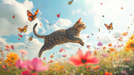 Obraz premium A striped tabby cat gracefully leaping in a vibrant meadow, surrounded by colorful butterflies and blooming flowers, a bright sunny sky with gentle clouds above
