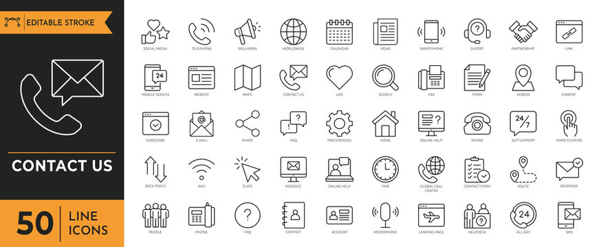 Contact us icon set. Containing addres, home, location, bullhorn, map, call, subscribe, time, partnership, links, email, message, and more. Vector illustration