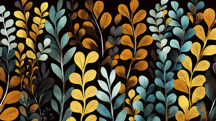 Retro botanical pattern with bold plant shapes, dark brown, mustard yellow, and soft blue, evoking a nostalgic 1960s vibe. 