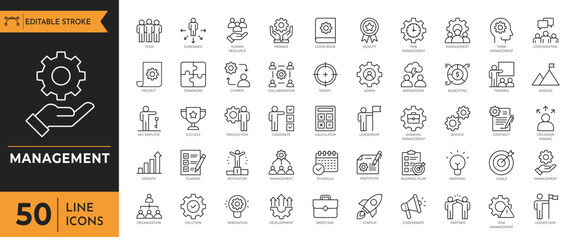 Management icon set. Containing manager, teamwork, strategy, marketing, business, planning, training, employee, and more. Vector illustration