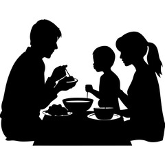 Family eating silhouettes on white background