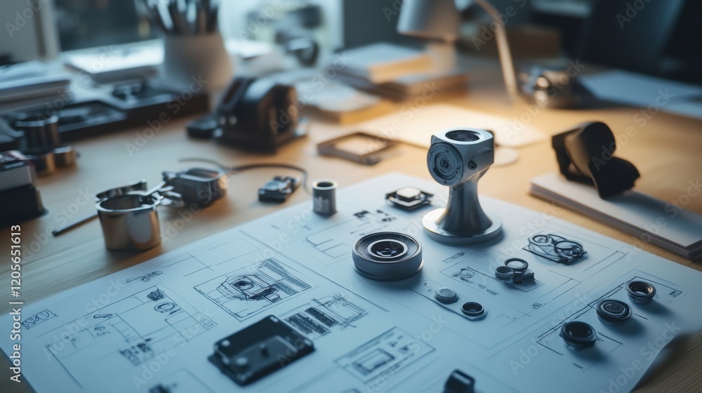 Aufkleber a table filled with innovative prototypes and concept sketches.