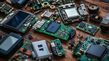 Fototapeta premium A table with various electronic gadgets being disassembled for analysis.