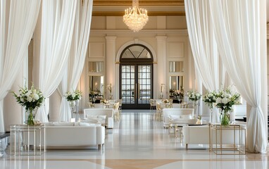 An airy neoclassical space with oversized glass chandeliers, mirrored wall panels, cream and gold furniture, soft drapes, and sleek glass tables adding