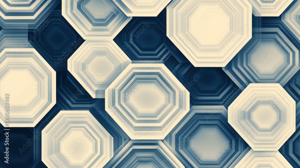 Poster seamless geometric pattern with overlapping hexagons and lines in shades of blue and beige