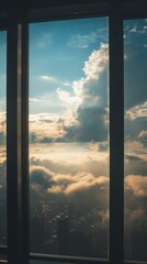 A stunning view of clouds and sky seen through a tall glass window in an urban environment.