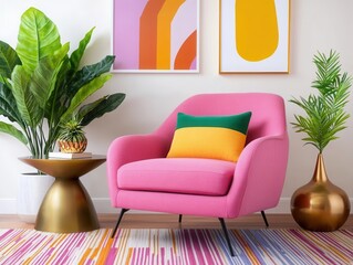 Cozy maximalist nook with a deep pink armchair, a bold abstract rug, a sculptural side table,...