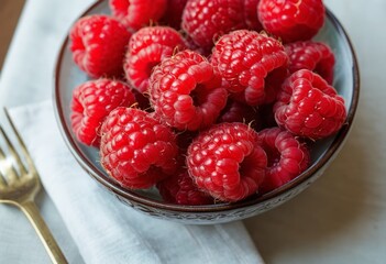 Close-up of raspberries in a bowl at the table