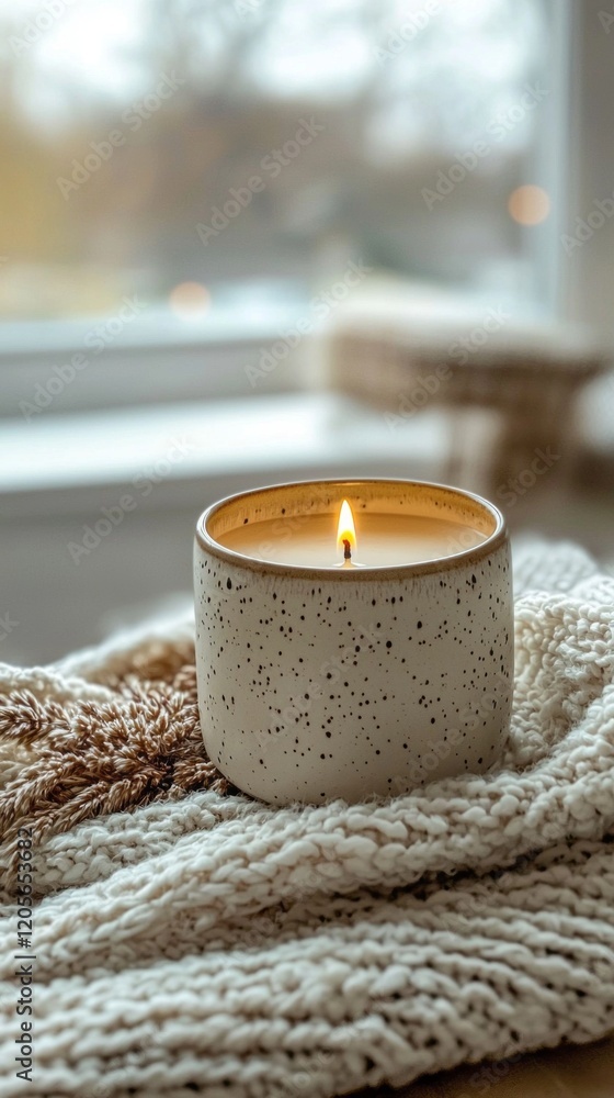Poster set against a soft knit blanket, a ceramic mug rests peacefully next to a flickering candle, radiati
