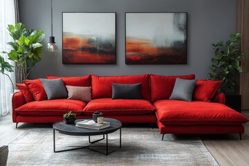 Red sofa bed with chaise longue, coffee table, and sideboard in a modern Scandinavian living room, featuring stylish home furniture and decor.