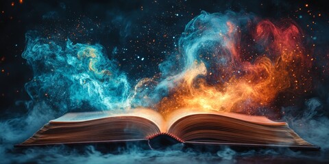 A magical illustration of a book releasing colorful wonders, symbolizing creativity and imagination. Ideal for storytelling and fantasy-themed projects.