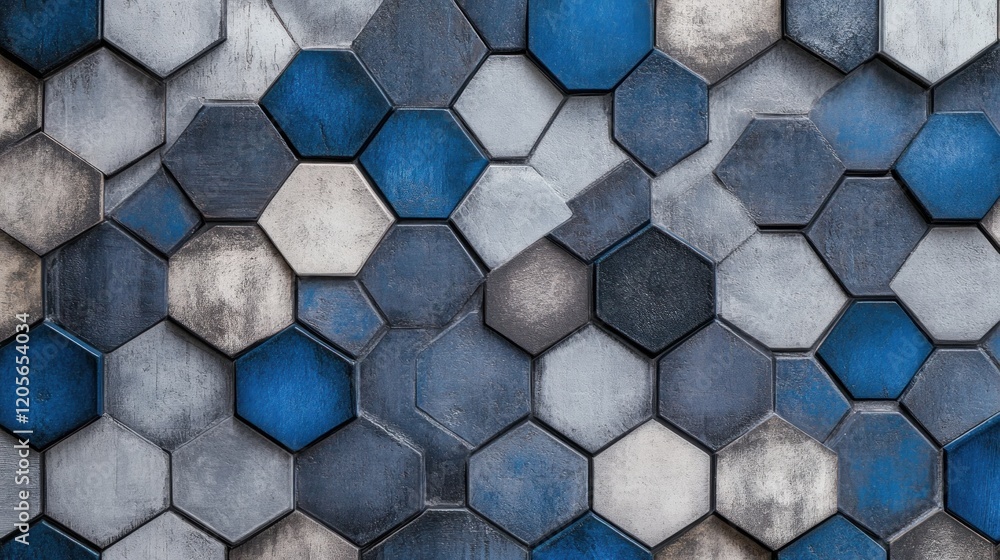 Poster seamless hexagonal pattern with varying shades of blue and grey creates a textured surface