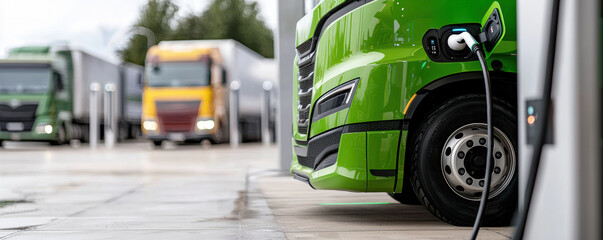 Close up of green electric truck charging at station