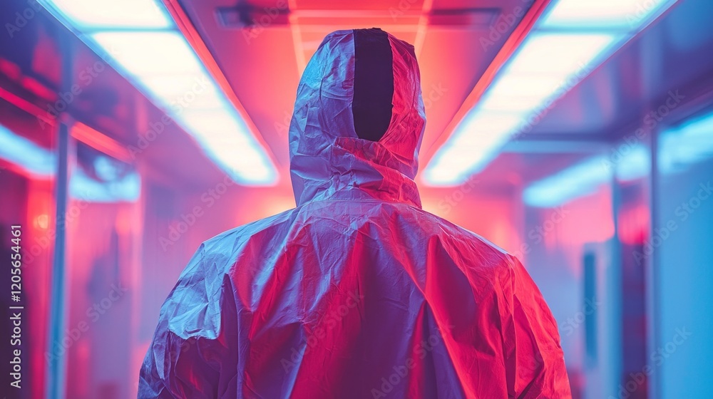 Poster a scientist dressed in a cleanroom suit focuses on critical research tasks within a state-of-the-art