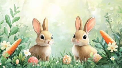 Obraz premium Two adorable Easter bunnies amidst green foliage and pastel Easter eggs create a cheerful spring holiday scene
