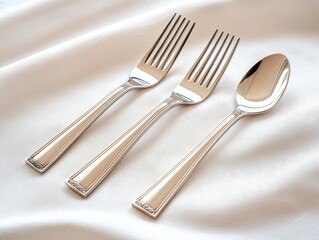 Concept of Intimate weddings shine with thoughtful decor. A set of polished silver cutlery including two forks and a spoon, elegantly arranged on a soft, textured fabric background.