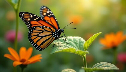 Obraz premium Monarch Butterfly Resting on a Leaf in a Vibrant Garden at Golden Hour