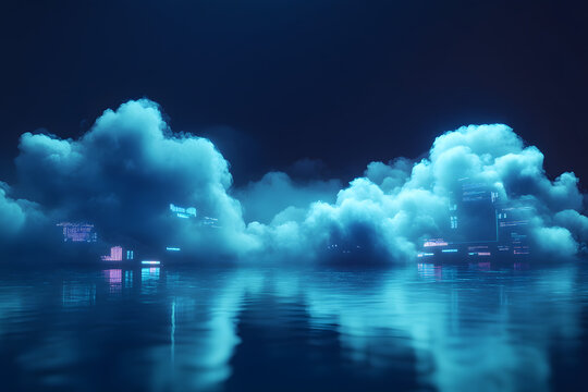 3D rendering of clouds with data and glowing neon lights in space, symbolizing advanced cybersecurity and AI-driven innovation in a futuristic tech scene.