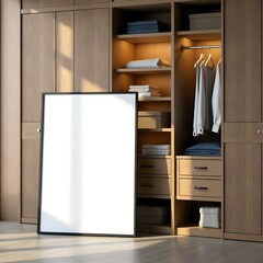 3d model, octane render volumetric, highly detailed videogame, A wooden wardrobe with a grid design, featuring shelves and hanging space. Inside