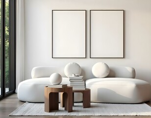 A modern living room featuring a light-colored curved sofa with two round cushions. In front of the sofa, there are two wooden side tables, one with a decorative white sphere and a stack of books. 