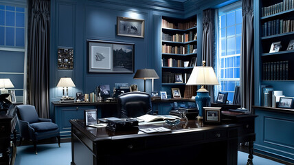 sophisticated blue interior office featuring wooden desk, bookshelves, and elegant lighting. space exudes professionalism and comfort, ideal for work or meetings