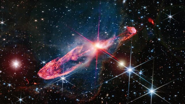 Galaxy and nebula Herbig haro 4647 shines brightly in this captivating space animation. Animation based on image by nasa